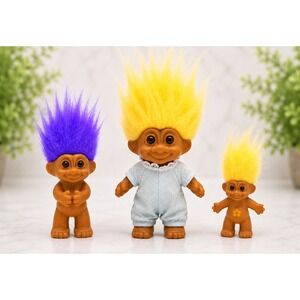 Vintage 1991 Troll Doll Lot 3pc 5" 3" Yellow Purple Hair TNT Russ w/ Outfit